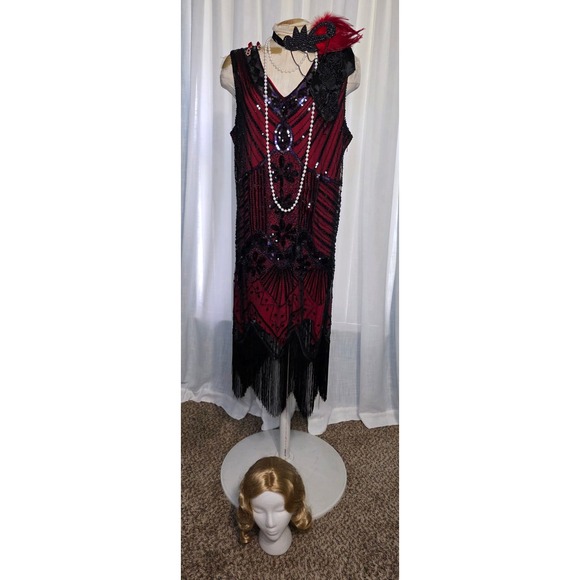 Other - Womens 1920s Flapper Costume Set Red Black Sequin Fringe Dress Wig 3XL
